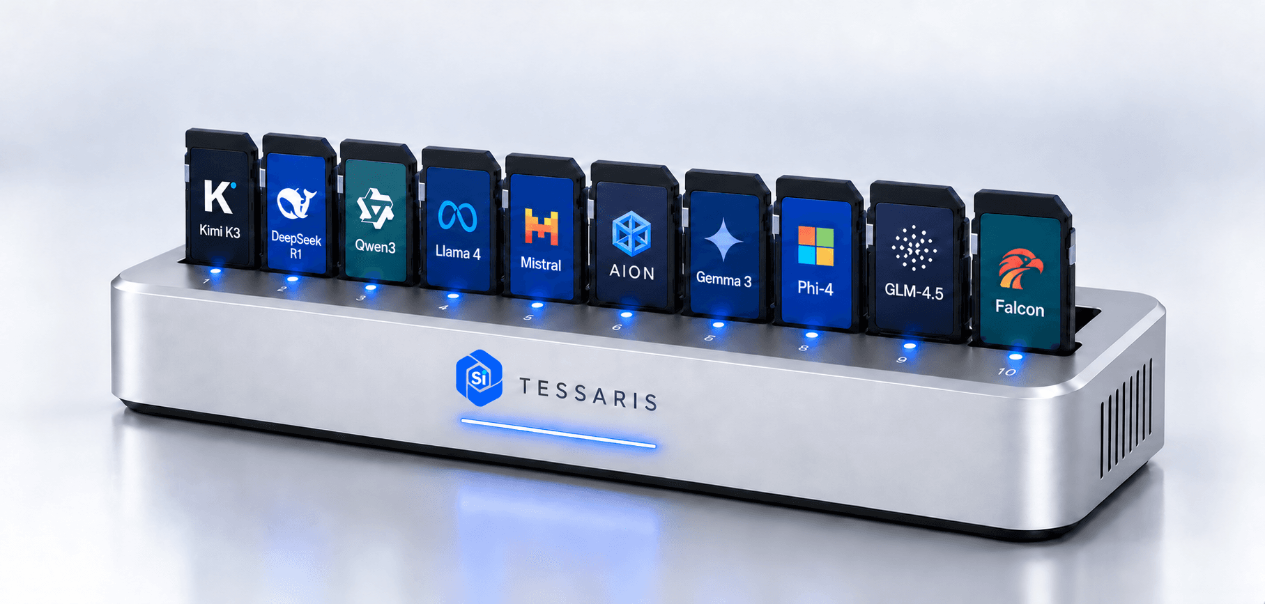 A Tessaris portable model library with ten specialist AI model cards in a silver local storage rack